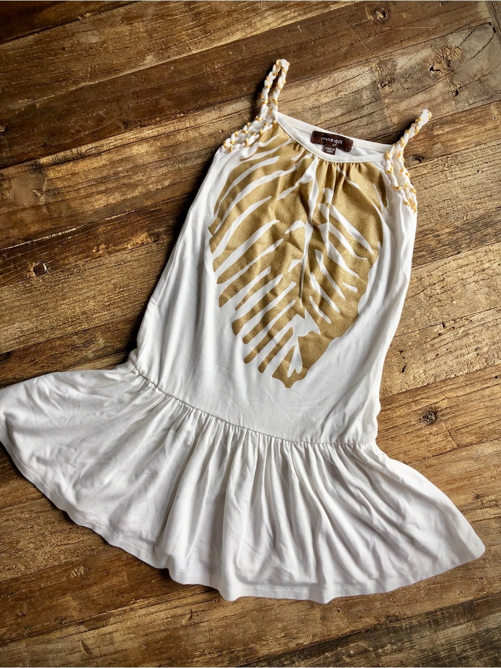 Imoga White Sundress with Gold Leaf Print 3T